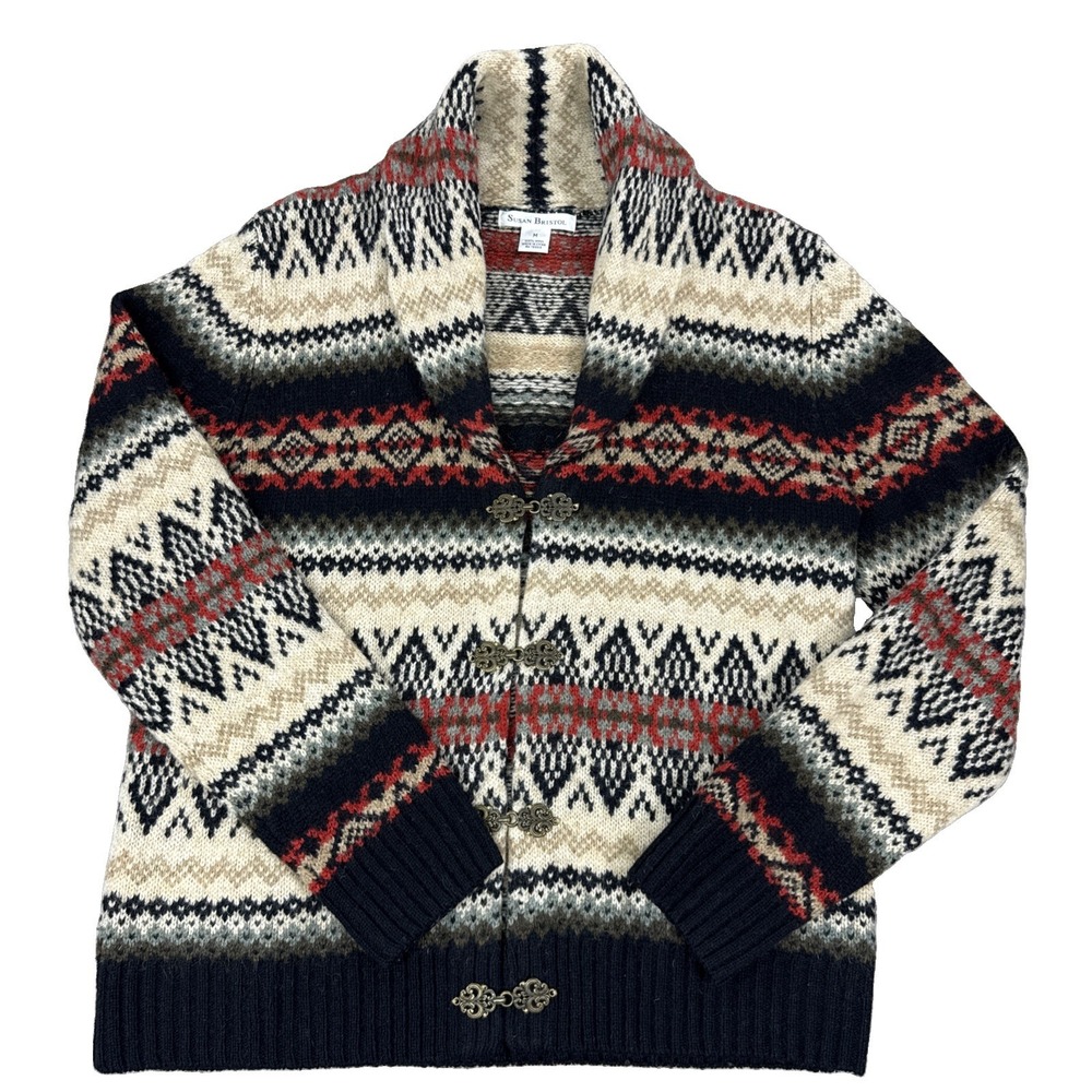 Susan Bristol Sweater Women's Medium Wool Fair Isle Cardigan Clasp Shawl Collar